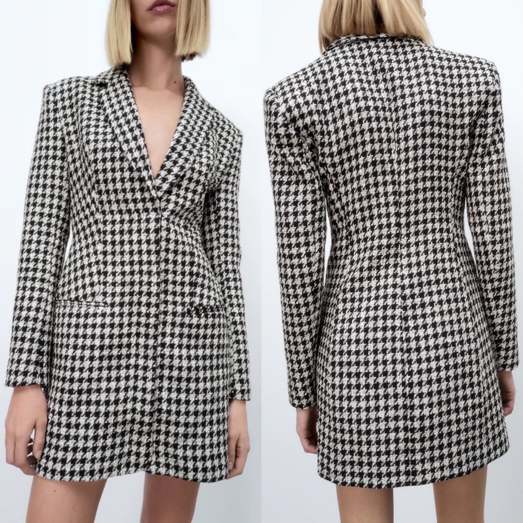 Zara Tweed Textured Weave Houndstooth Blazer Dress V-Nevk Black New